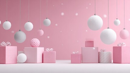 Minimalist pink Christmas background featuring geometric blocks and hanging ornaments, creating a festive atmosphere perfect for holiday celebrations and New Year festivities
