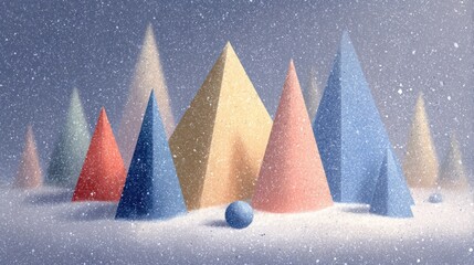 Colorful pastel pyramid trees and sphere create a festive winter celebration scene, evoking the spirit of Christmas and New Year with a serene snowy ambiance