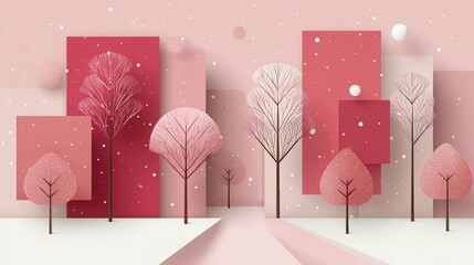 Soft pink winter art scene featuring abstract triangle trees and rectangles, creating a serene holiday atmosphere with snowflakes, perfect for Christmas and New Year celebrations