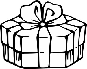 Black and white line art drawing of a hexagonal gift box tied with a large decorative bow perfect for holiday celebrations or special occasions on transparent background