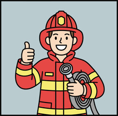 A friendly cartoon firefighter gives a happy thumbs up while holding a rescue hose ready to help
