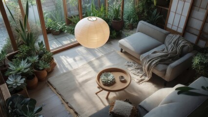 Obraz premium Cozy living room with abundant natural light and lush indoor plants.