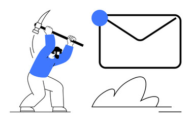 Email security, cybersecurity, digital threats, data protection, phishing, communication. Person with a pickaxe near a large envelope. Email security and cybersecurity concept
