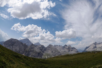 Fototapeta premium Peaks of Dolomites mountains Fanes panorama in summer season landscape view from Col Bechei