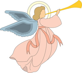 Cartoon angel with blonde hair and blue wings blows a golden trumpet while floating against a in a simple vector style on transparent background