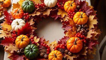 Fototapeta premium Harvest wreath with autumn leaves for Thanksgiving
