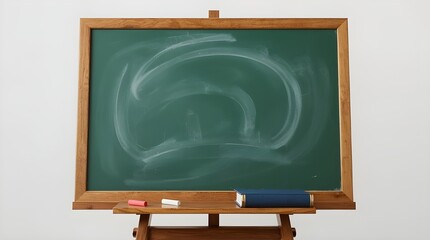 Green chalkboard with wooden frame. The wooden frame has a polished finish with visible grain details that enhance its rustic charm. A few pieces of chalk, including red and white sticks.