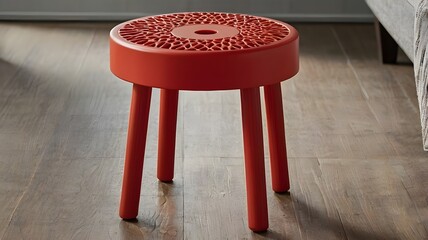 A small red stool. Its four short legs flare slightly outward, giving the stool stability despite its lightweight build. Overall, the stool has a functional, durable look typically used in homes.