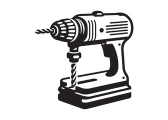 drill machine logo silhouette vector, power drill silhouette vector illustration, construction tool logo silhouette, drilling machine logo silhouettes vector on white background