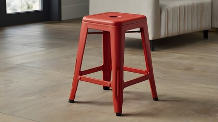 A red iron stool with a simple, compact design perfect for everyday use. The surface features a circular cutout in the center, adding both grip and practicality.