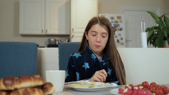 Fork with cucumber held by girl sitting in kitchen. Child indoors eating fresh cucumber during meal. Young person at table tasting cucumber slice