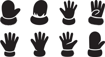 Collection of eight black silhouette icons of mittens and gloves on a white background handwear