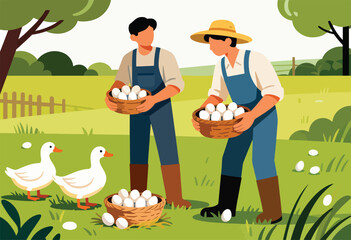 Fototapeta premium Farmers collecting fresh eggs from ducks in a pastoral setting