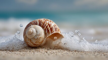 Elegant photo of Seashell on sandy beach with water droplets and foam by the ocean