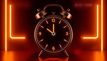 Alarm clock with bright glowing futuristic gold neon lights on black background. 3D icon, sign and symbol. 3D minimal style. 3D render illustration