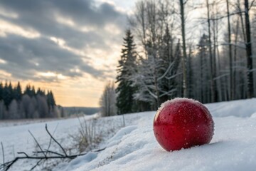 A vibrant red Christmas ornament with delicate frost speckles resting in a snowy winter landscape with a pine forest background.