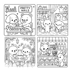 Cute Animal Coloring Pages Set, Cute Pets Coloring Page Pack. Vector illustration, line art