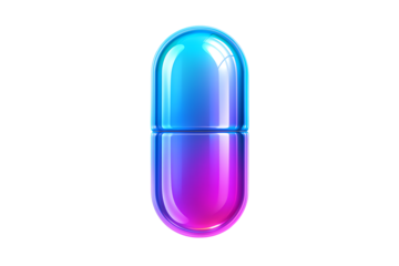 3d render luminous double capsule pill icon with bright blue and purple neon gradient and glossy thick glass texture for pharmacy concept isolated on transparent background
