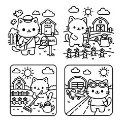 Cute Animal Coloring Pages Set, Cute cat Coloring Pages Set Coloring Page Pack. Vector illustration, line art