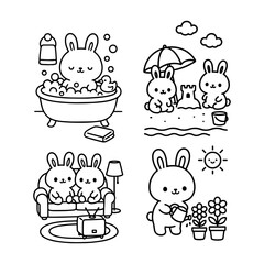 Cute Animal Coloring Pages Set, Cute Bunny Coloring Pages Set Coloring Page Pack. Vector illustration, line art