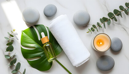 Calming Spa Setting White Towel Essential Oil Green Leaves Stones and Candle Scene
