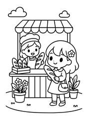 Cute Flower Shop Coloring Pages Set Vector illustration, line art