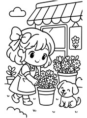 Cute Flower Shop Coloring Pages Set Vector illustration, line art