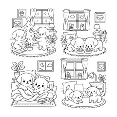 Cute Dog Coloring Pages Set Vector illustration, line art