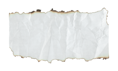 Crumpled torn piece of grid notebook paper with burnt edges, isolated on transparent background. Ideal for creative design, collage, scrapbooking, and graphic projects