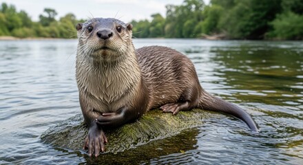 A river otter sitting on a rock in the water with a forest in the background.
