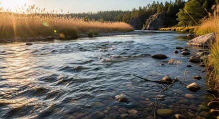A serene river flowing through a lush, green forest with a rocky shoreline and tall reeds on the left bank.