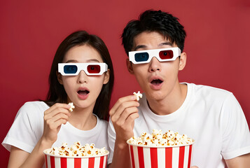 Couple in 3D glasses while eating popcorn bucket on red background