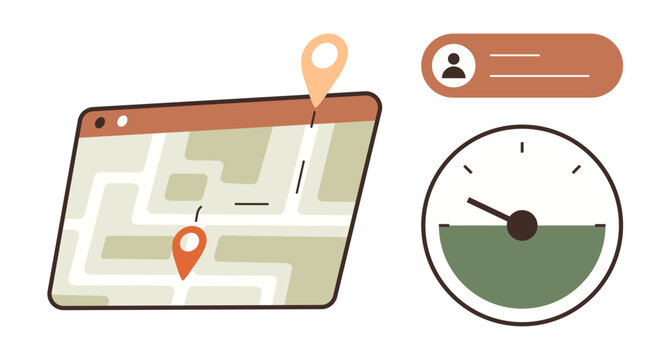 Map with location markers and route, user profile text box, and half-circle speedometer. Ideal for navigation, analytics, tracking, productivity, time management, journey planning simple flat