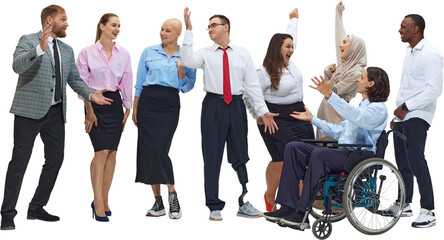 Diverse business team celebrating success on transparent background. Concept of inclusive teamwork,...