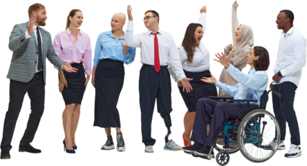 Diverse business team celebrating success on transparent background. Concept of inclusive teamwork, HR branding, leadership coaching, corporate motivation, and onboarding materials.
