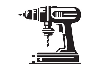 drill machine logo silhouette vector, power drill silhouette vector illustration, construction tool logo silhouette, drilling machine logo silhouettes vector on white background
