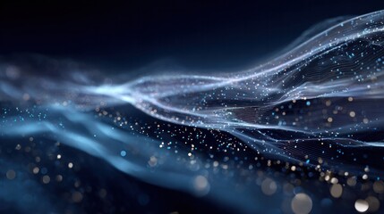 Digital Flow: Abstract depiction of shimmering digital waves. Capturing the flow of data through a cosmic landscape, where technology and the universe intertwine in a mesmerizing dance.