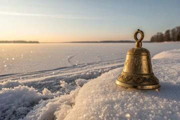 Ornate Golden Bell Resting on Snowy Winter Landscape During Sunrise