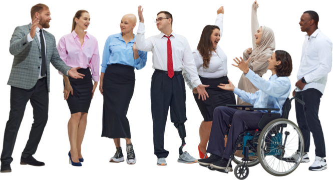 Diverse business team celebrating success on transparent background. Concept of inclusive teamwork, HR branding, leadership coaching, corporate motivation, and onboarding materials. - Powered by Adobe