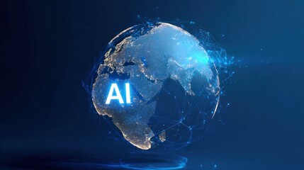 Fototapeta premium AI Innovation Across the Globe: A captivating image shows the globe as the focal point, with AI illuminating its surface, symbolizing the all-encompassing reach of artificial intelligence.