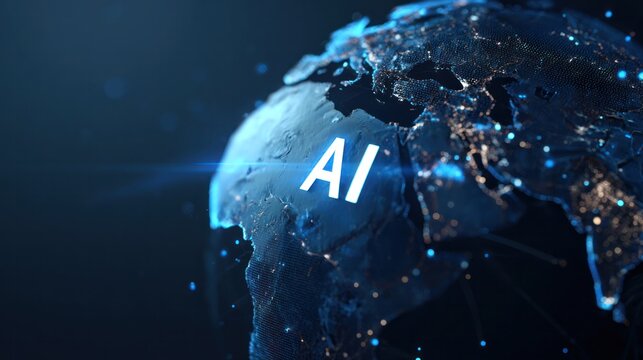 AI on the World Stage: A luminous globe illuminated with the words AI, representing the global reach and impact of artificial intelligence in a futuristic and technological setting. - Powered by Adobe