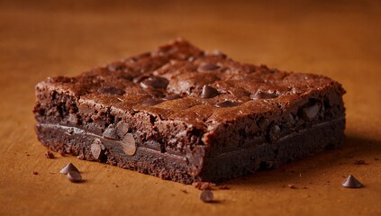 Sitting square chocolate brownie showing cracked top, fudgy center on warm brown surface with chips