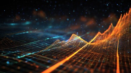 Digital Wave: An intricate visualization of a data stream, rendered in vibrant shades of orange and blue, creates a dynamic, futuristic landscape.