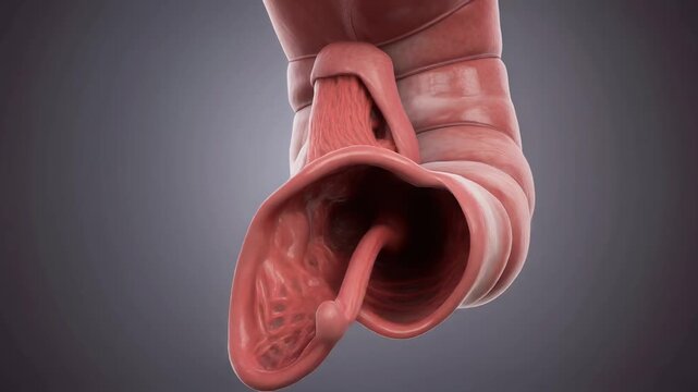 Detailed 3D animation of the human colon and appendix showing anatomical structure and function of the large intestine digestive system