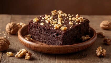 Showcasing square chocolate brownie sitting on round wooden plate at rustic tabletop, with walnuts