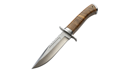 Hunting Knife with Wooden Handle and Serrated Edge Isolated on Transparent Background