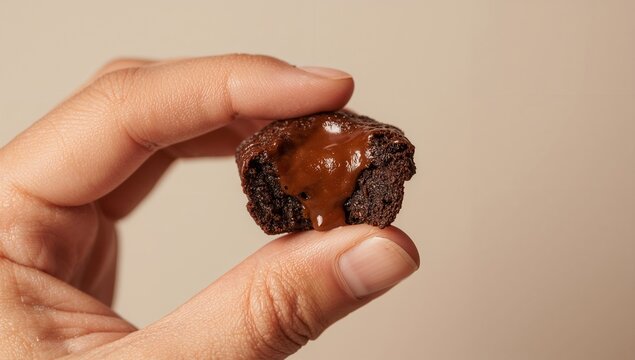 Holding bare hand pinching half-eaten chocolate bite in studio, revealing molten core and crumbs