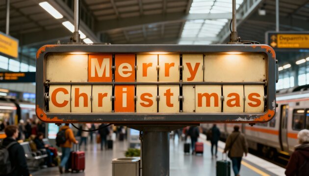 Showing vintage split-flap sign reading Merry Christmas at station, trains and passengers in coats