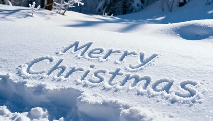 Showing carved Merry Christmas text shining in snowy clearing near woods, frosted stems, mounds