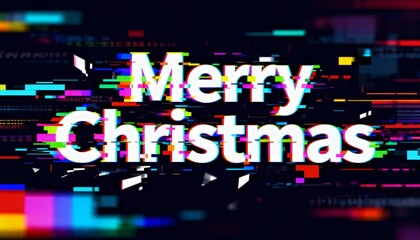 Showing bold white Merry Christmas text with RGB glitching scanlines, pixel shards on screen